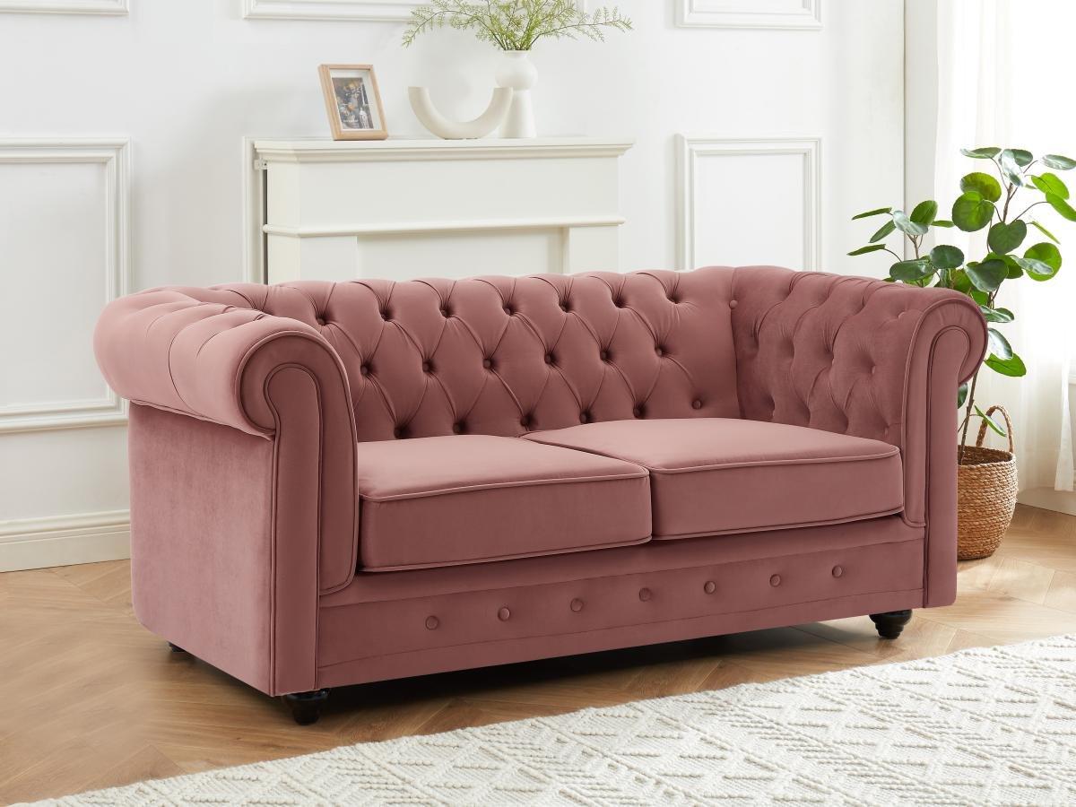 Vente-unique Canapés 3 places et 2 places et fauteuil en velours rose pastel CHESTERFIELD  