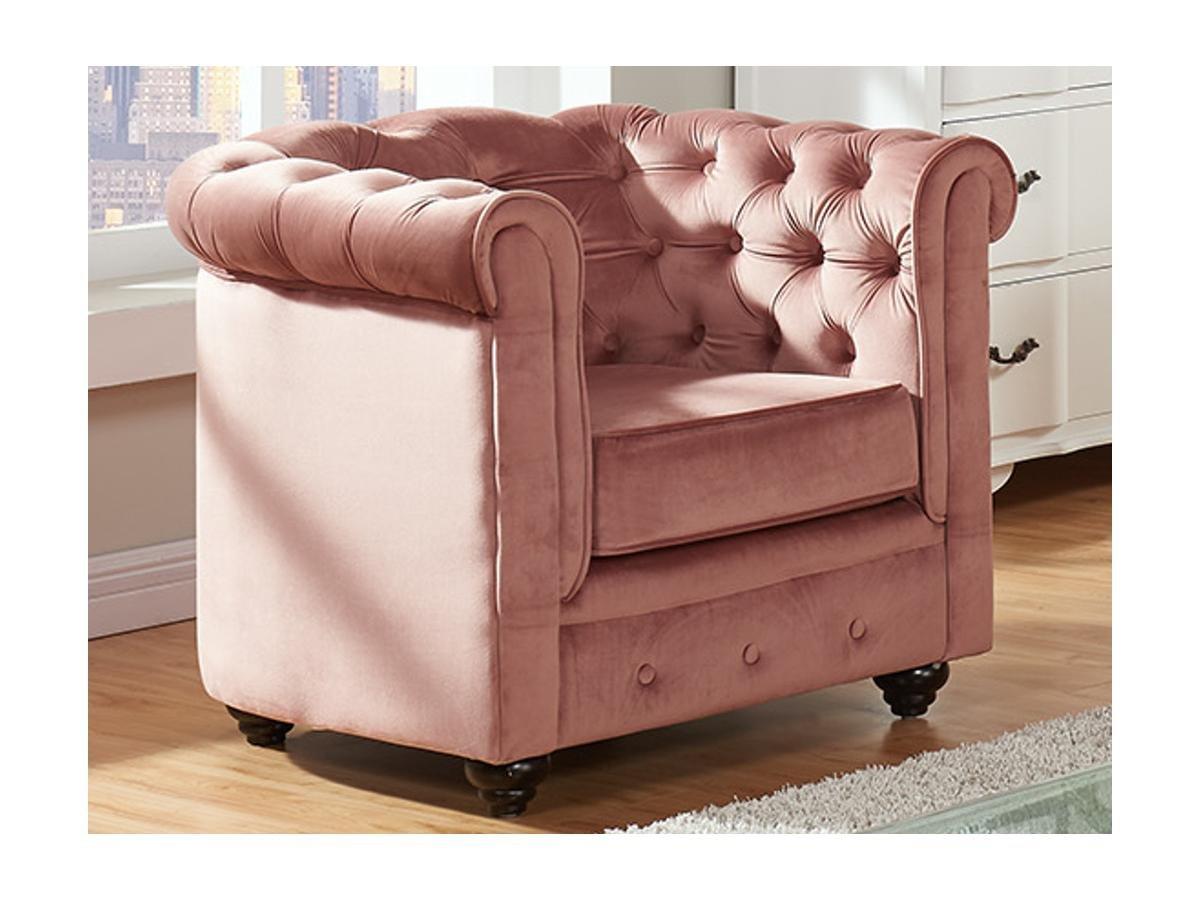 Vente-unique Canapés 3 places et 2 places et fauteuil en velours rose pastel CHESTERFIELD  