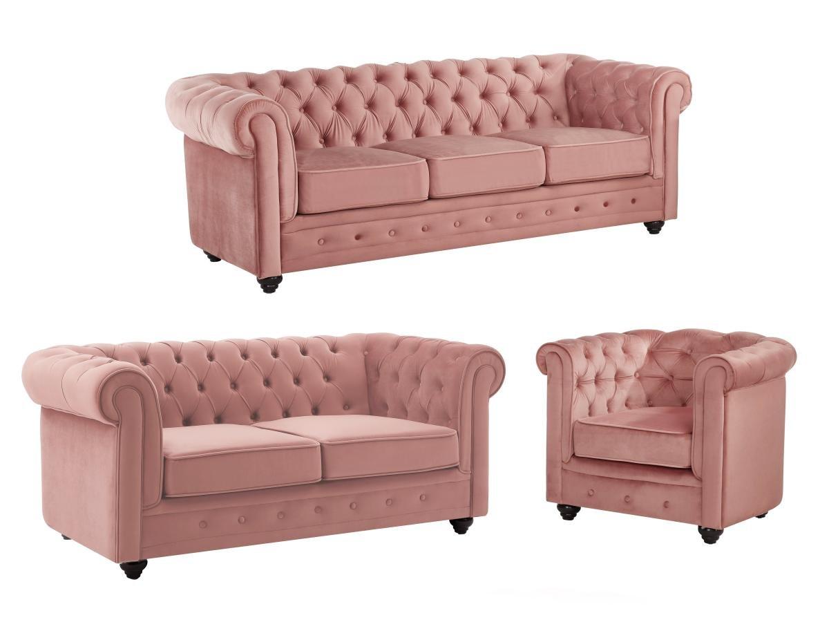 Vente-unique Canapés 3 places et 2 places et fauteuil en velours rose pastel CHESTERFIELD  