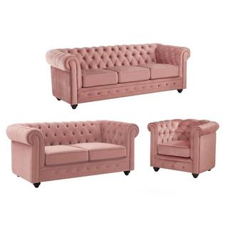 Vente-unique Canapés 3 places et 2 places et fauteuil en velours rose pastel CHESTERFIELD  