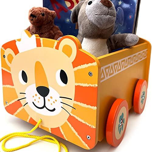 Activity-board  Hölzerne Löwen-Spielzeugkiste | 2-in-1-Zug-Auto & Aufbewahrungsbox mit Rädern für Kinderzimmer oder 