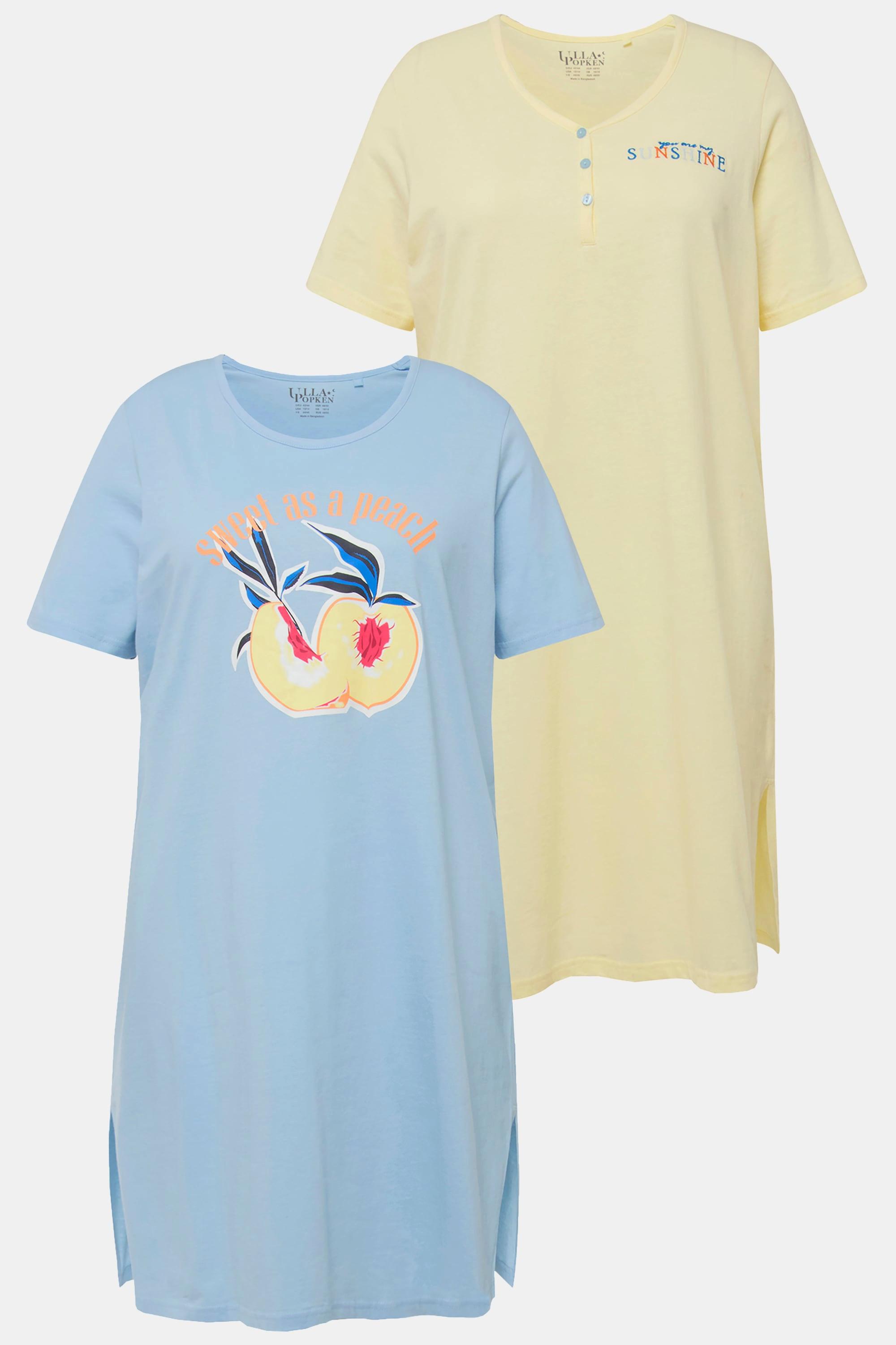 Ulla Popken Confezione da 2 Camicie da Notte Pesca Girocollo Henley Mezza Manica  