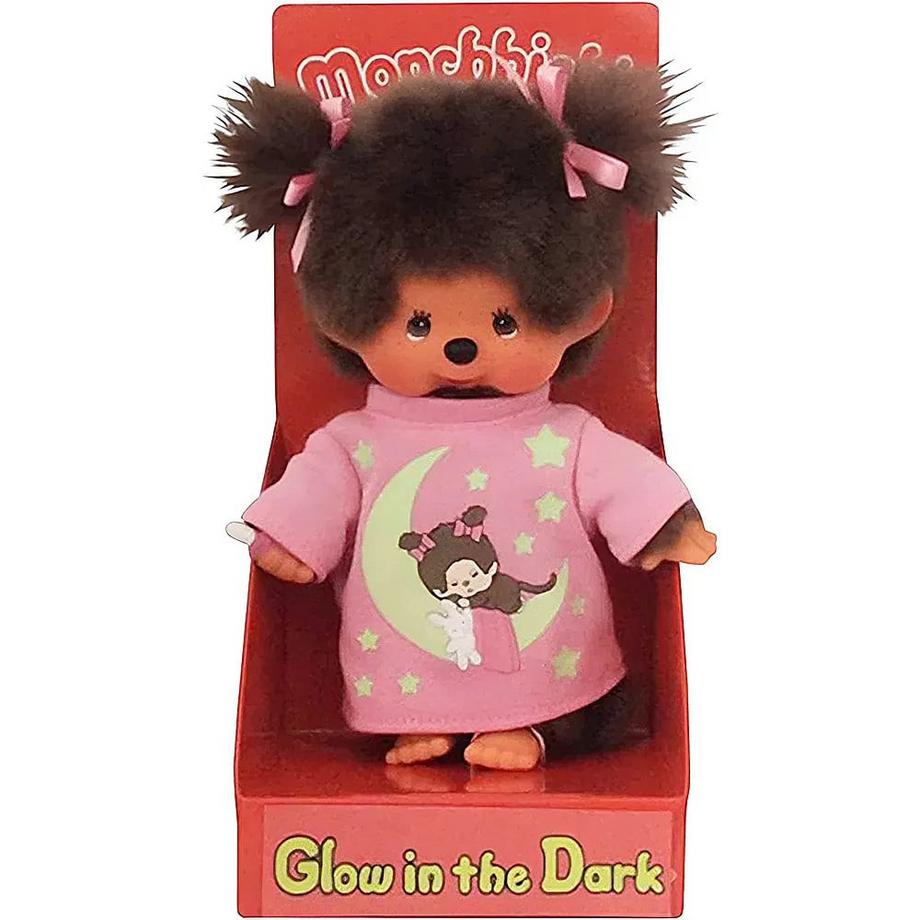 Monchhichi  Sekiguchi 223732 Original  Mädchen, aus em Plüsch, mit rosa Schlafshirt, Glow in The Dark Elementen und Zöpfen mit Schleifen, ca. 20 cm groß 