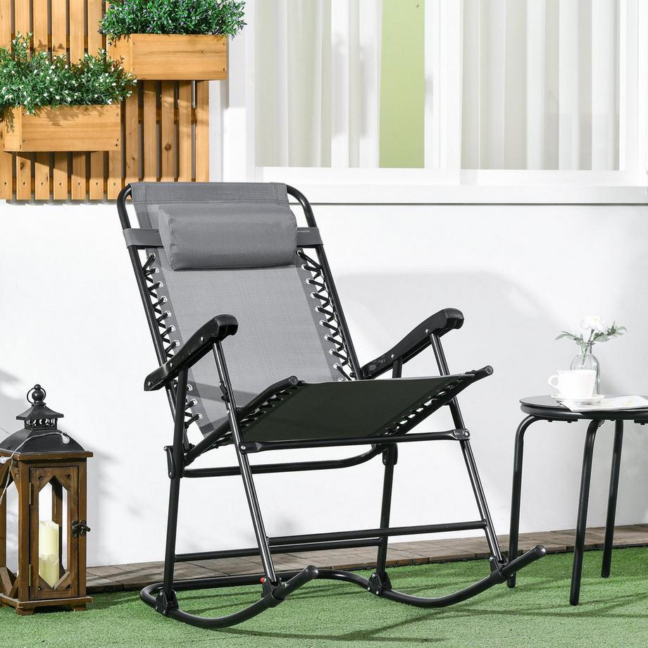 Northio Schaukelstuhl Klappbar Gartenstuhl Schwingstuhl Schwungsessel Kopfkissen Bis 120Kg Garten Balkon Mesh Hellgrau 95X64X106Cm  