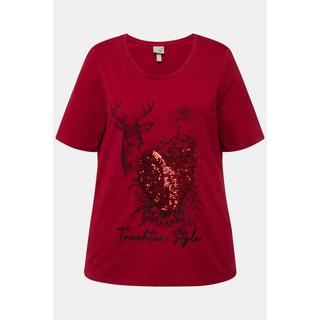 Ulla Popken  T-shirt à paillettes et motif cerf, col rond et manches courtes 