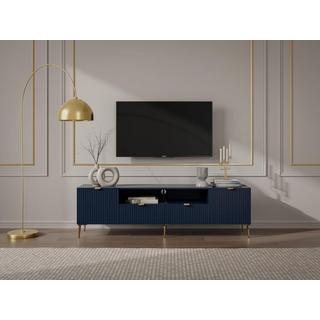 Vente-unique Meuble TV avec 2 portes, 2 tiroirs et 2 niches en MDF et acier - Bleu et doré - YESINIA  