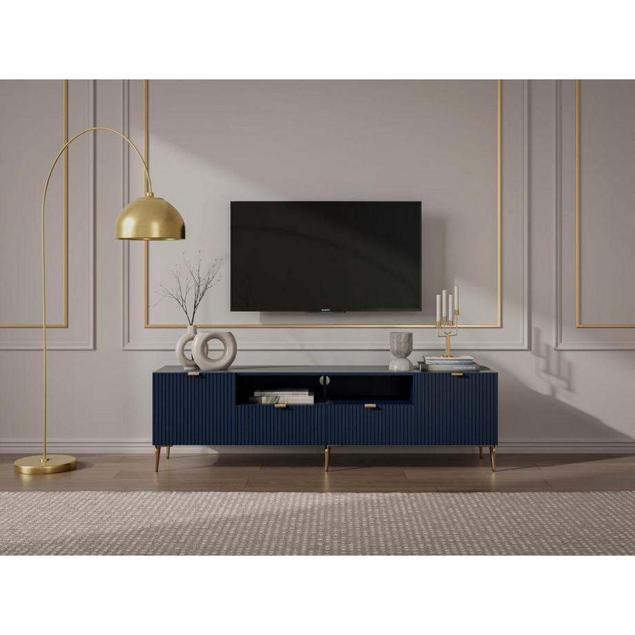 Vente-unique Mobile TV con 2 ante, 2 cassetti e 2 nicchie in MDF e Acciaio Blu e Dorato - YESINIA  