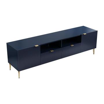 Meuble TV avec 2 portes, 2 tiroirs et 2 niches en MDF et acier - Bleu et doré - YESINIA