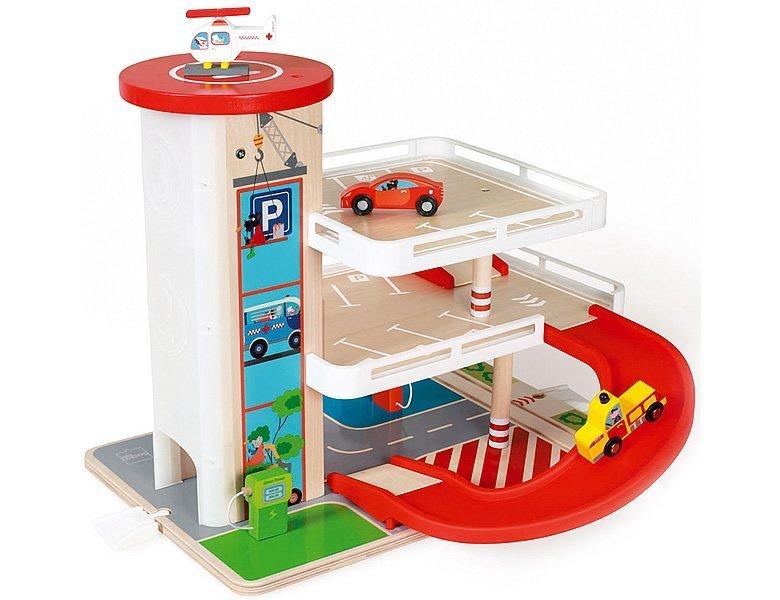 Scratch  DAM Scratch Préscolaire : GARAGE CONTILOOP 45x57x39cm, avec ascenseur, incluant 3 pompes à essence, 2 voitures et un hélicoptère, en bois, en boîte, 3+. 