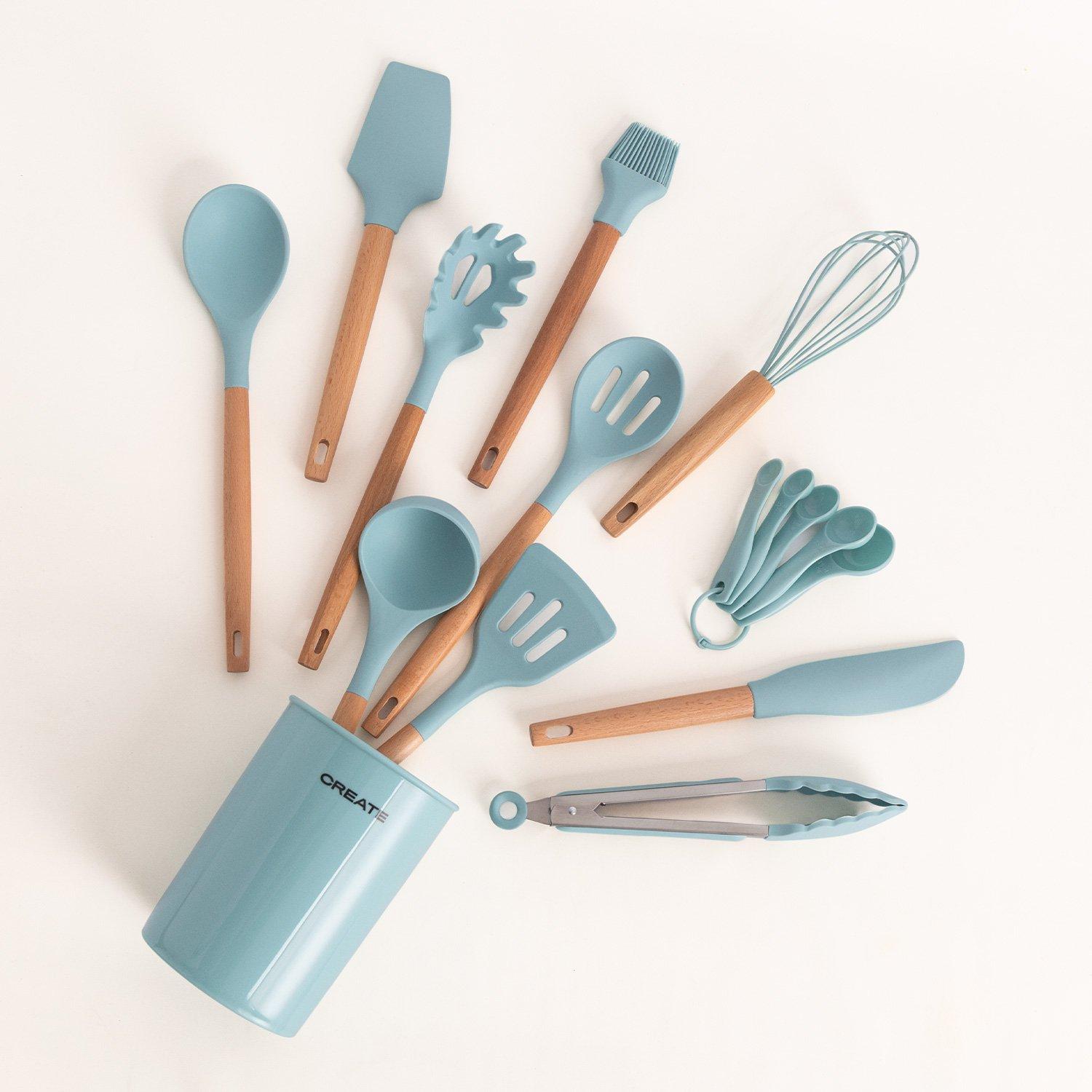 CREATE  SET D'USTENSILES DE CUISINE EN SILICONE ET BOIS bleu pastel 