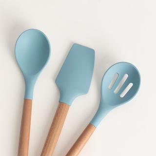 CREATE  SET D'USTENSILES DE CUISINE EN SILICONE ET BOIS bleu pastel 