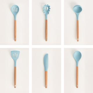 CREATE  SET D'USTENSILES DE CUISINE EN SILICONE ET BOIS bleu pastel 