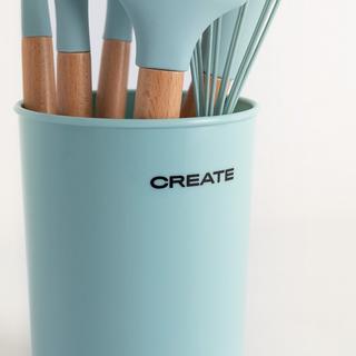 CREATE  SET D'USTENSILES DE CUISINE EN SILICONE ET BOIS bleu pastel 