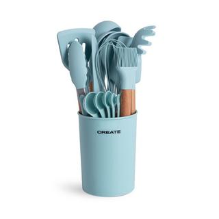 CREATE  SET D'USTENSILES DE CUISINE EN SILICONE ET BOIS bleu pastel 