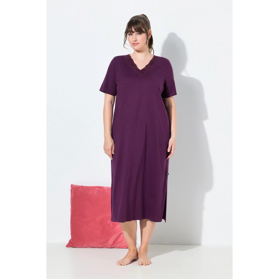 Ulla Popken Camicia da notte Ricami Traforati Scollo a V Mezza Manica  