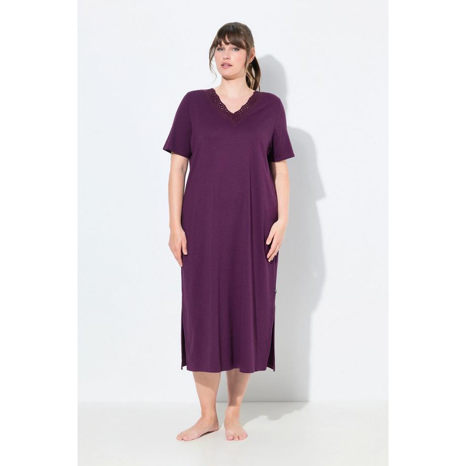 Ulla Popken Camicia da notte Ricami Traforati Scollo a V Mezza Manica  