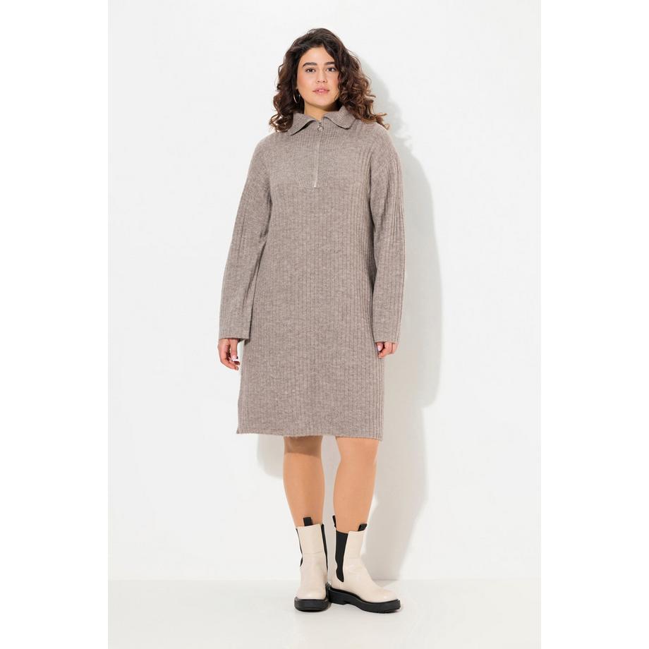 Ulla Popken Strickkleid A-Linie Rippstrick Troyerkragen Langarm  