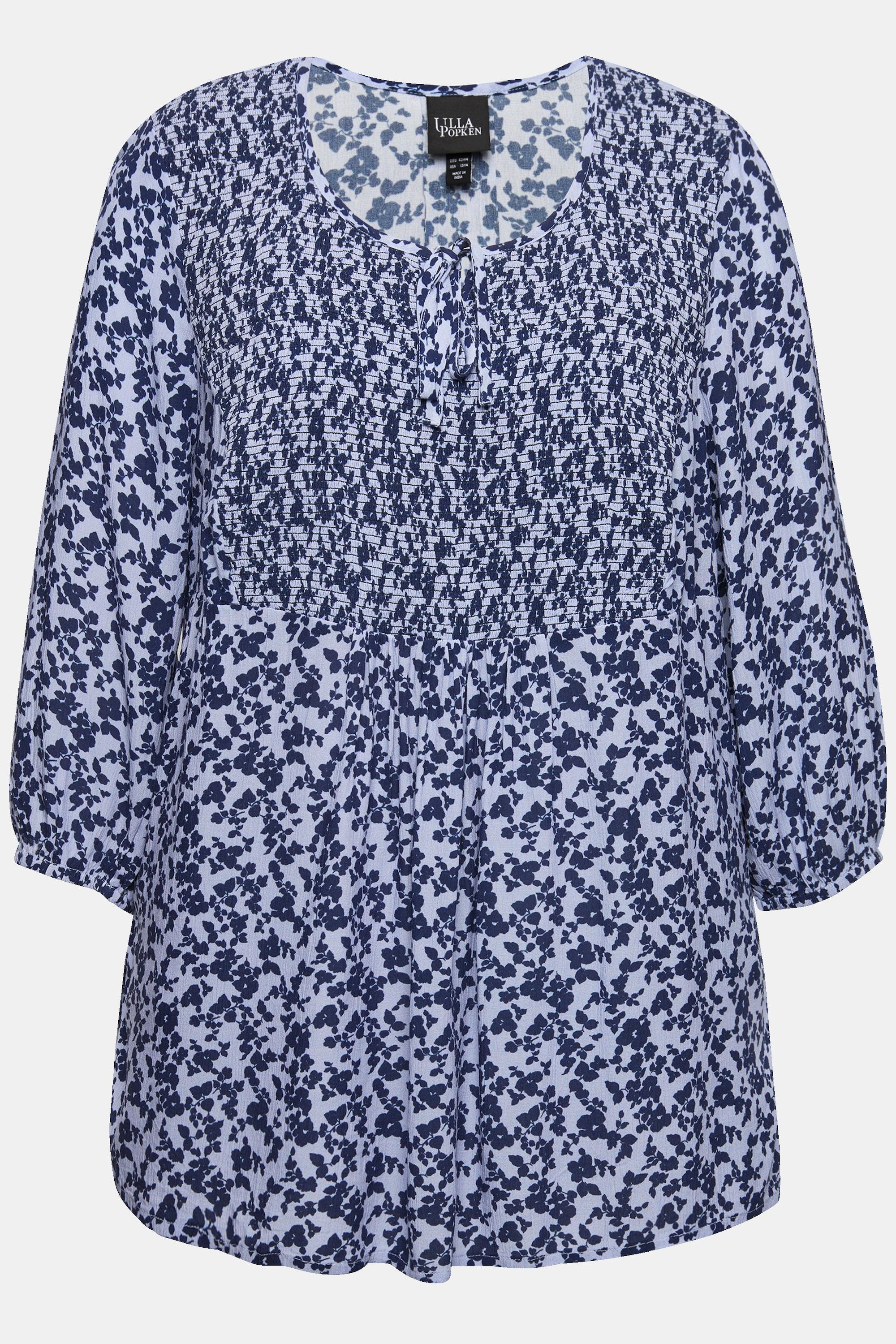 Ulla Popken  Smokbluse, Blüten, A-Linie, Rundhals, 3/4-Arm 