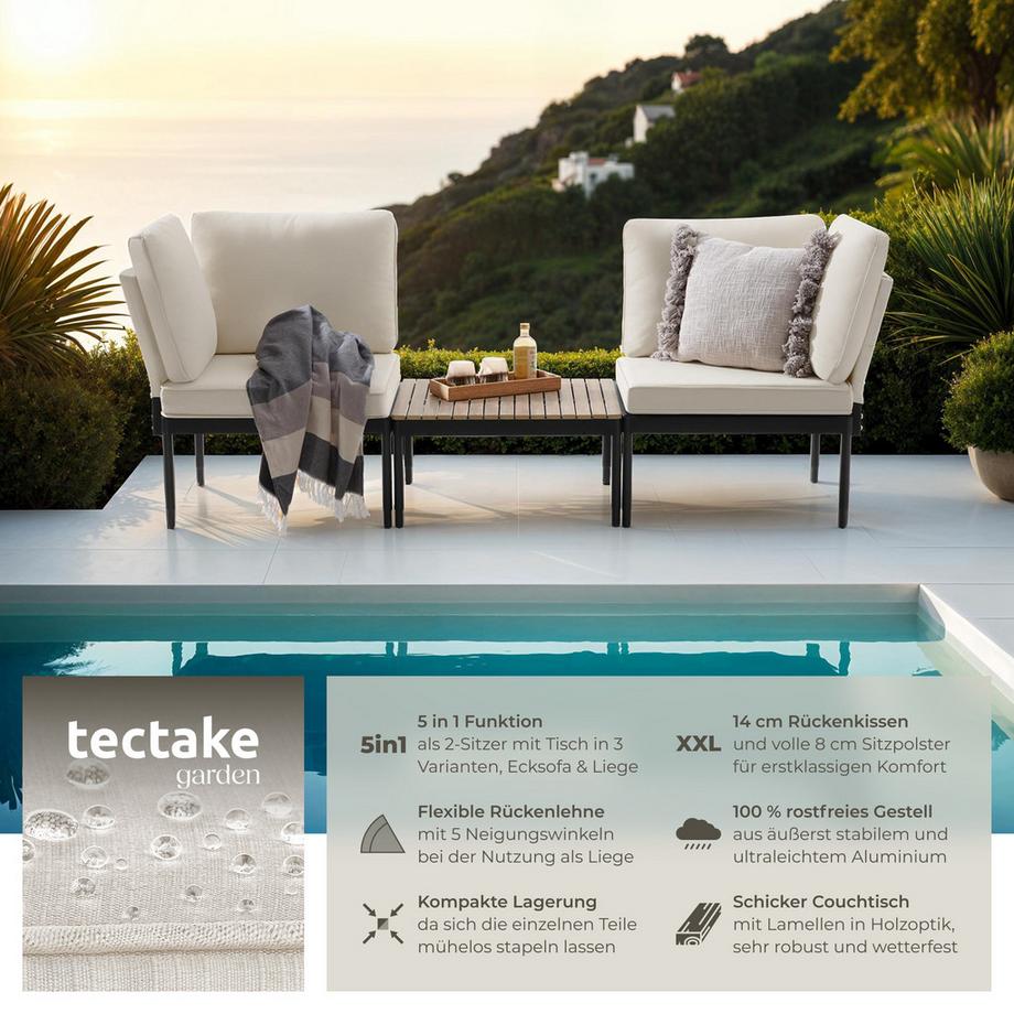 Tectake Set lounge da giardino Magaluf Funzione 5 in 1, schienale regolabile su 5 posizioni, spessa imbottitura  