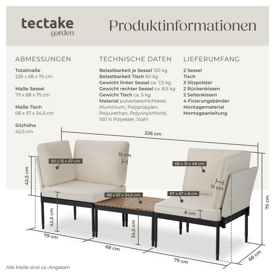 Tectake Aluminium Gartenlounge-Set Magaluf 5 in 1 Funktion, 5-fach verstellbare Lehne, dicke Polsterung wetterfest, Tisch mit Lamellen in Holzoptik  