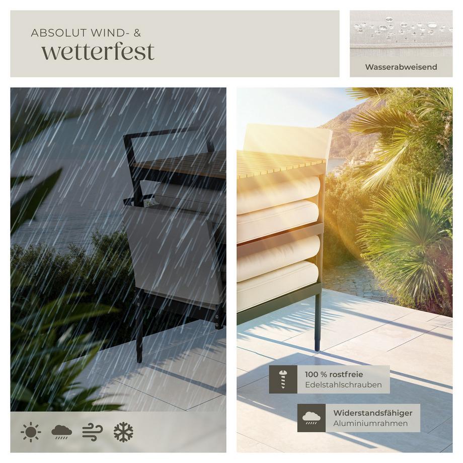 Tectake Aluminium Gartenlounge-Set Magaluf 5 in 1 Funktion, 5-fach verstellbare Lehne, dicke Polsterung wetterfest, Tisch mit Lamellen in Holzoptik  