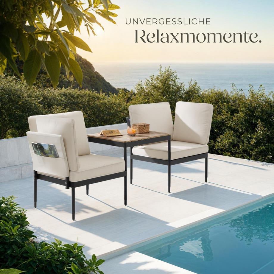 Tectake Aluminium Gartenlounge-Set Magaluf 5 in 1 Funktion, 5-fach verstellbare Lehne, dicke Polsterung wetterfest, Tisch mit Lamellen in Holzoptik  