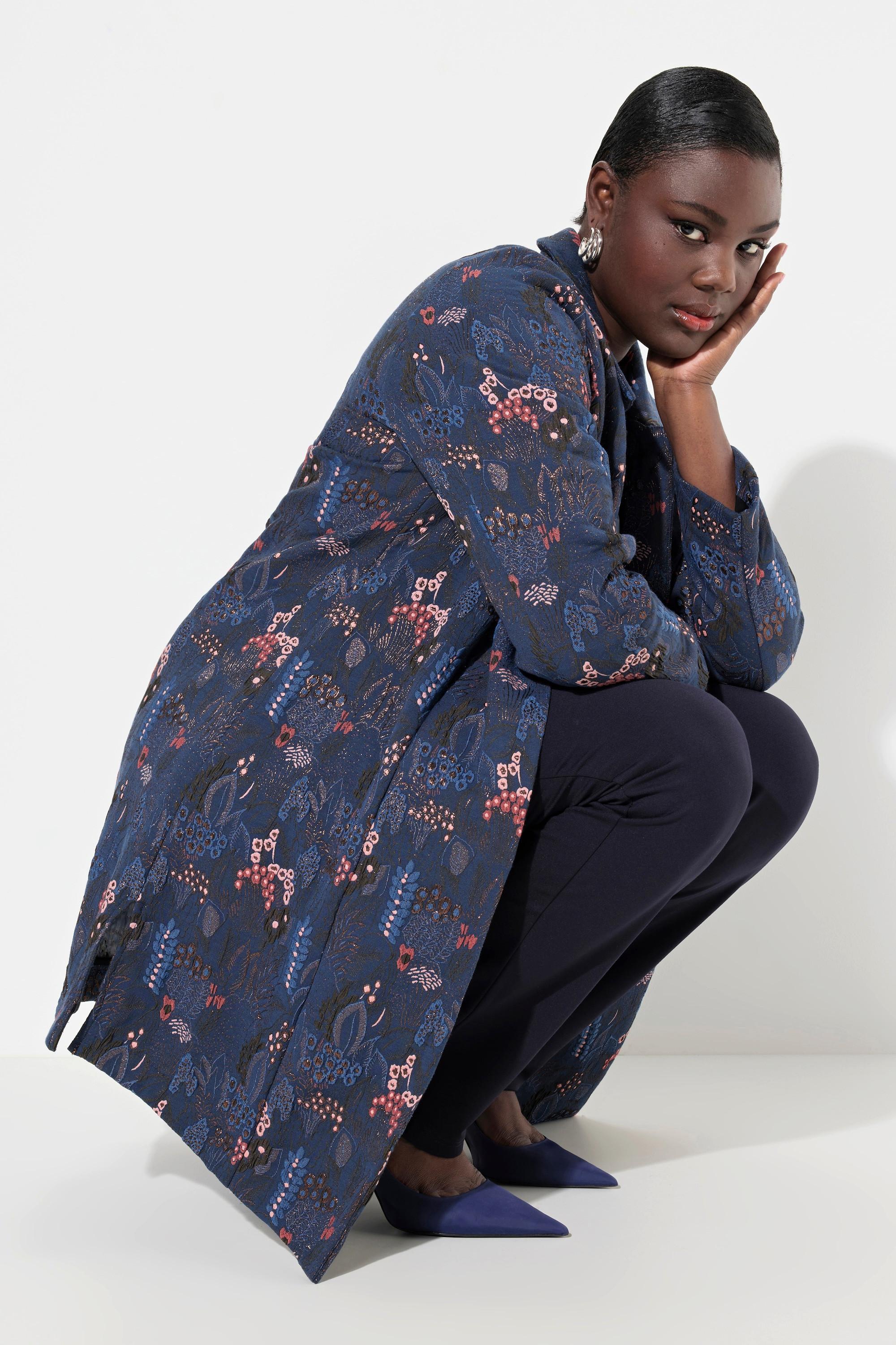 Ulla Popken Jacquard Design Floreale Collo Camicia Maniche Lunghe Giacca  