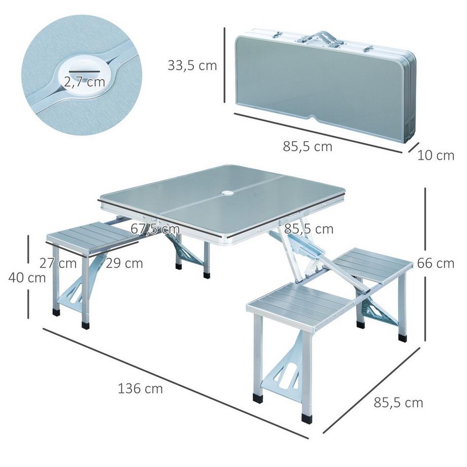 Northio  Klapptisch Mit Sitzen Alu Picknick-Koffer-Sitzgruppe, Tragbar, Silber & Mdf, 84,5X67,5X66,5 Cm, Für Camping & Outdoor 