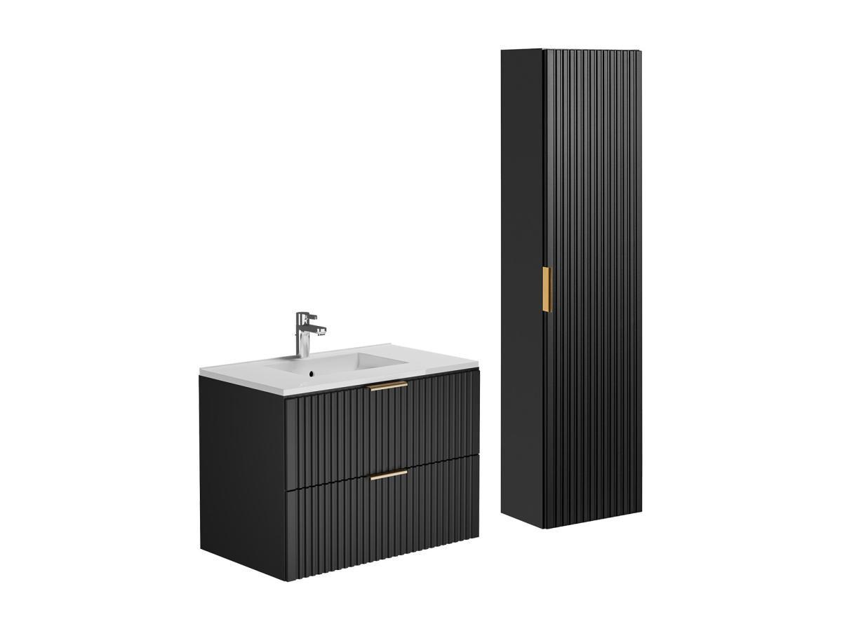 Vente-unique Mobile per bagno sospeso con scanalature e lavabo da incasso e colonna 80 cm Nero - ZEVARA  