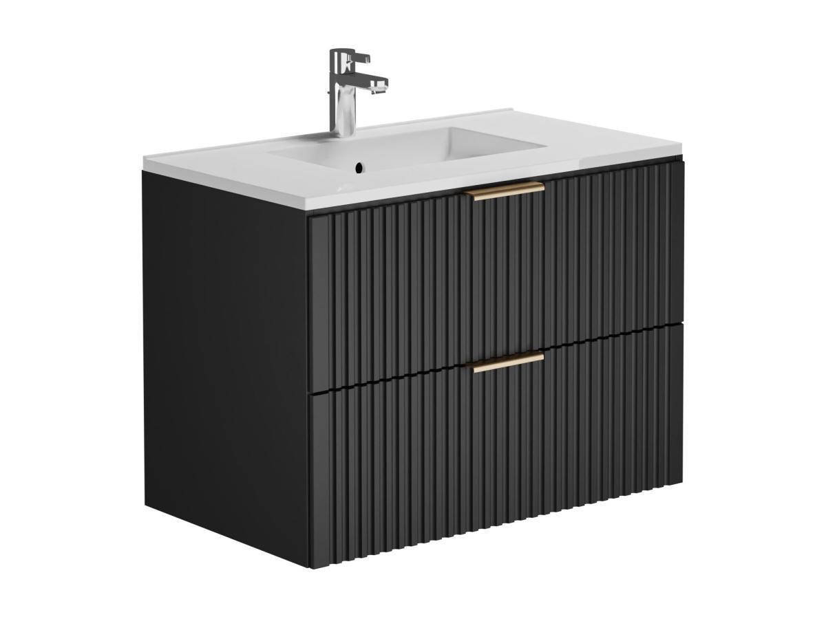 Vente-unique Mobile per bagno sospeso con scanalature e lavabo da incasso e colonna 80 cm Nero - ZEVARA  