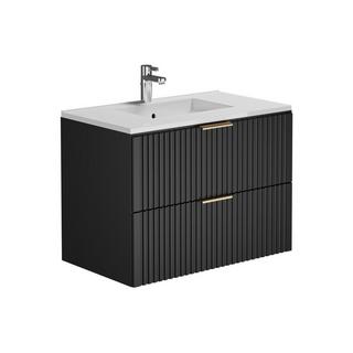 Vente-unique Mobile per bagno sospeso con scanalature e lavabo da incasso e colonna 80 cm Nero - ZEVARA  