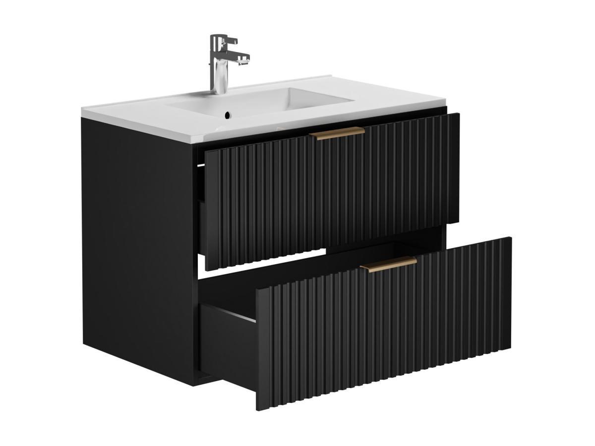 Vente-unique Mobile per bagno sospeso con scanalature e lavabo da incasso e colonna 80 cm Nero - ZEVARA  