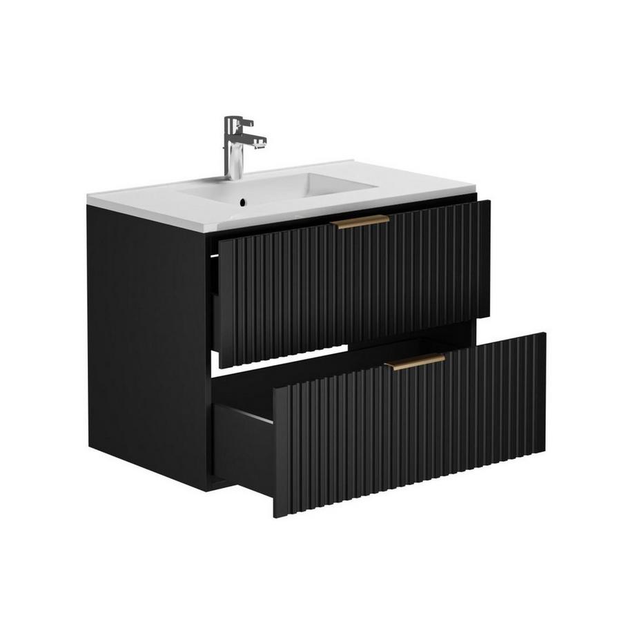 Vente-unique Mobile per bagno sospeso con scanalature e lavabo da incasso e colonna 80 cm Nero - ZEVARA  
