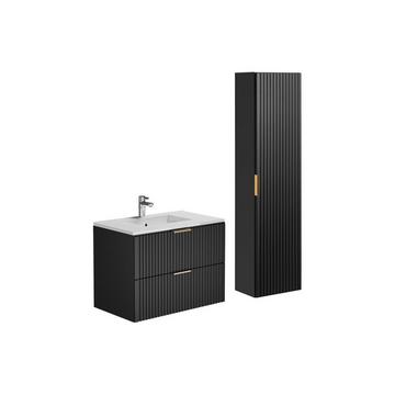 Meuble de salle de bain suspendu strié avec vasque à encastrer et colonne - Noir - 80 cm - ZEVARA