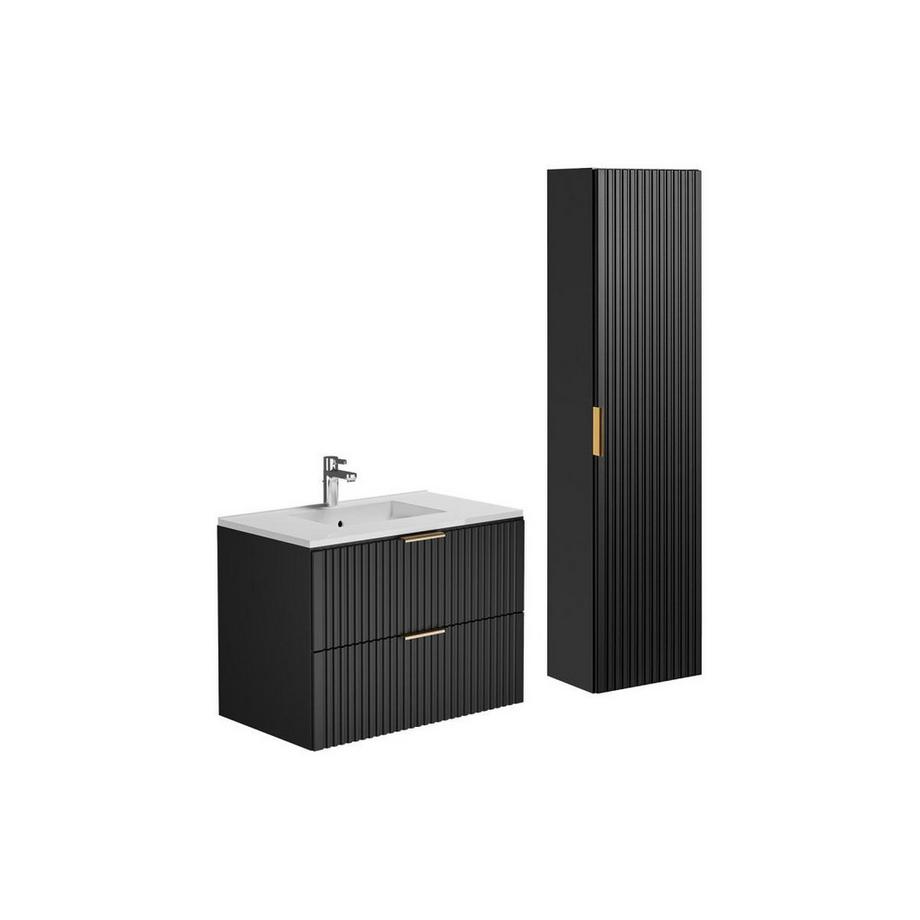 Mobile per bagno sospeso con scanalature e lavabo da incasso e colonna 80 cm Nero - ZEVARA