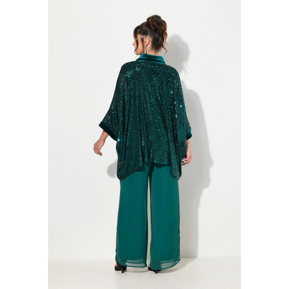 Ulla Popken Maglia Oversized con Paillettes Mezza Manica Collo Alto in Velluto  