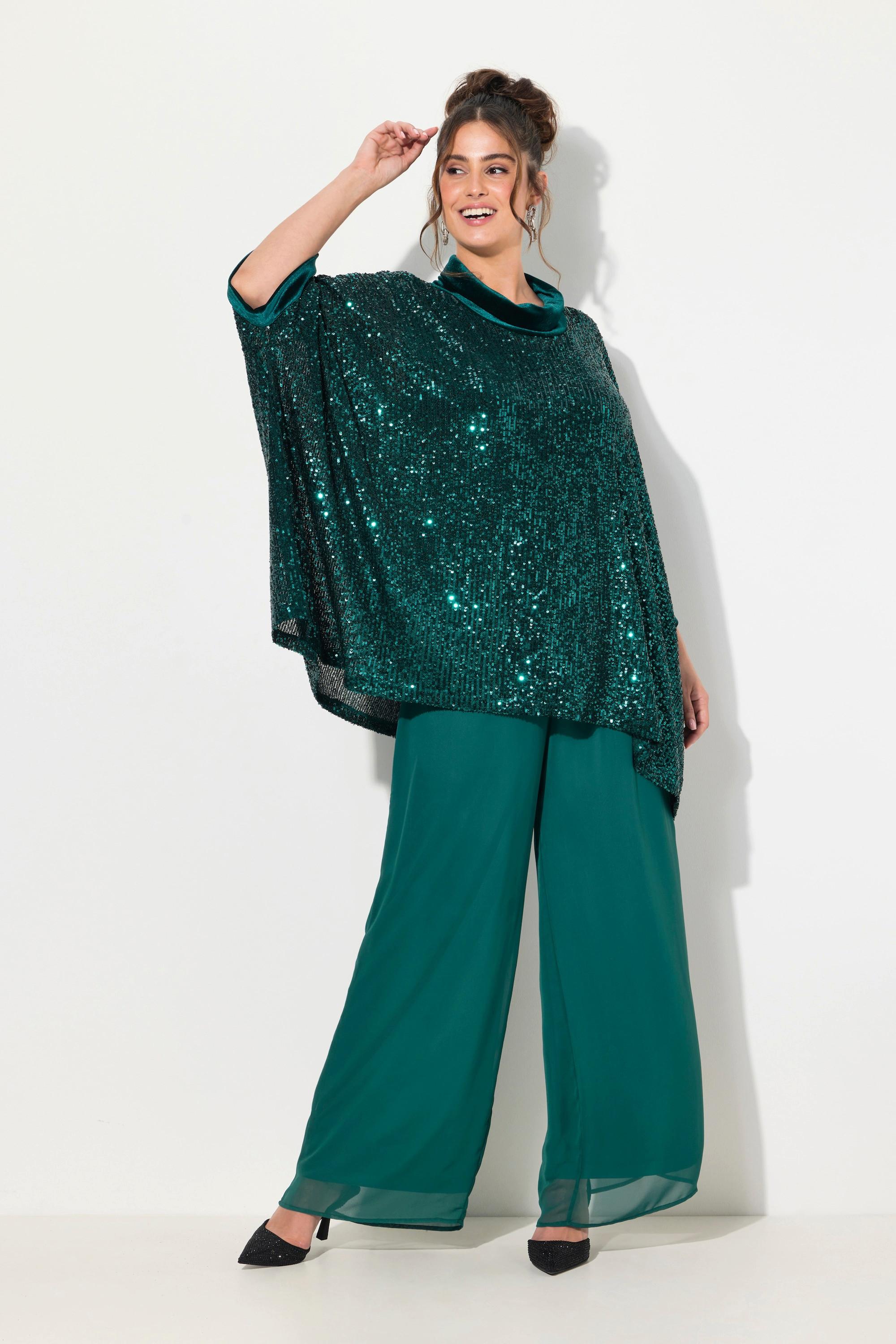 Ulla Popken  T-shirt oversized à paillettes, col roulé et manches courtes 