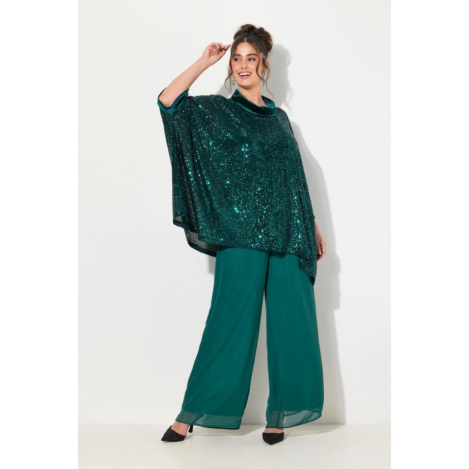 Ulla Popken Maglia Oversized con Paillettes Mezza Manica Collo Alto in Velluto  