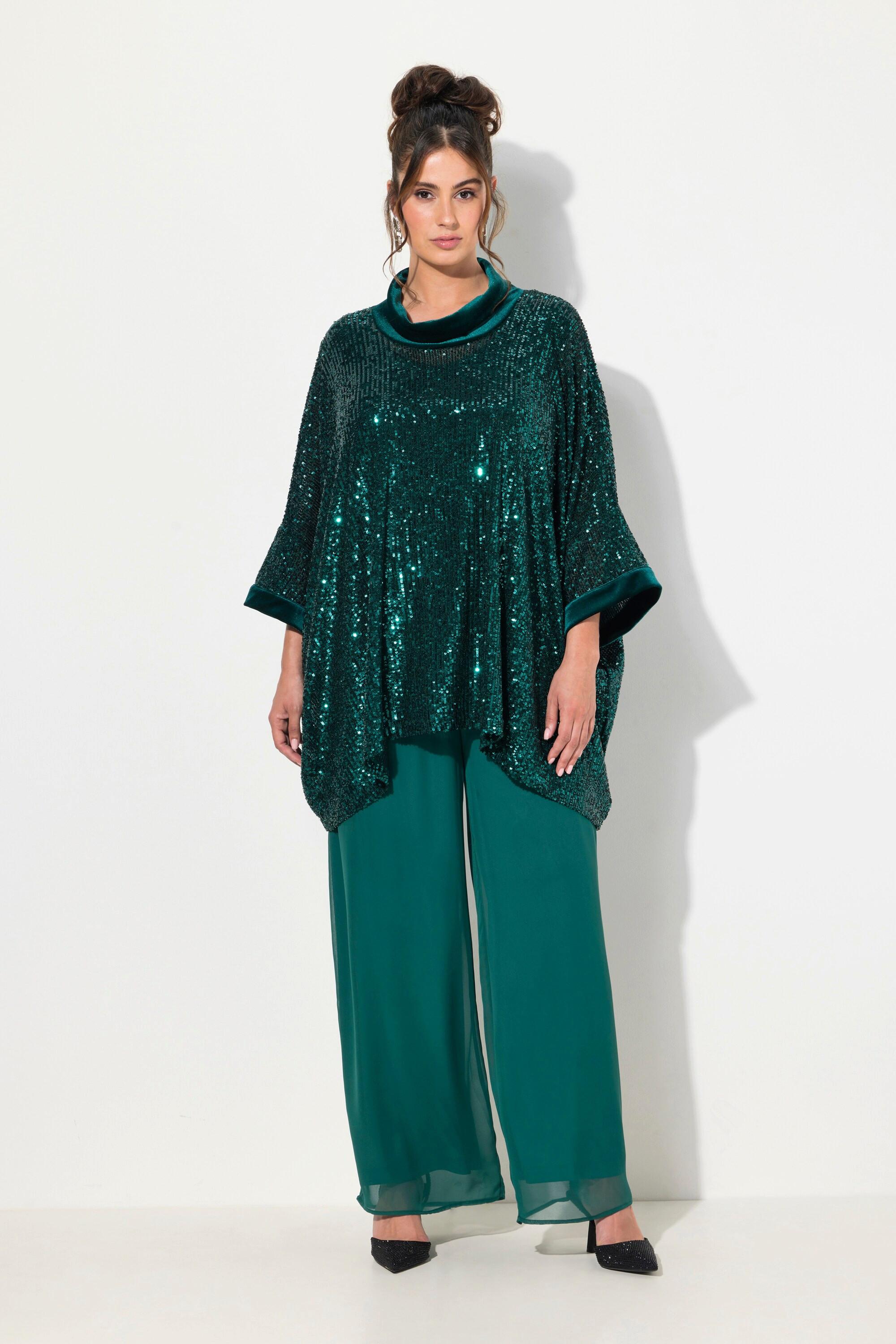 Ulla Popken  T-shirt oversized à paillettes, col roulé et manches courtes 