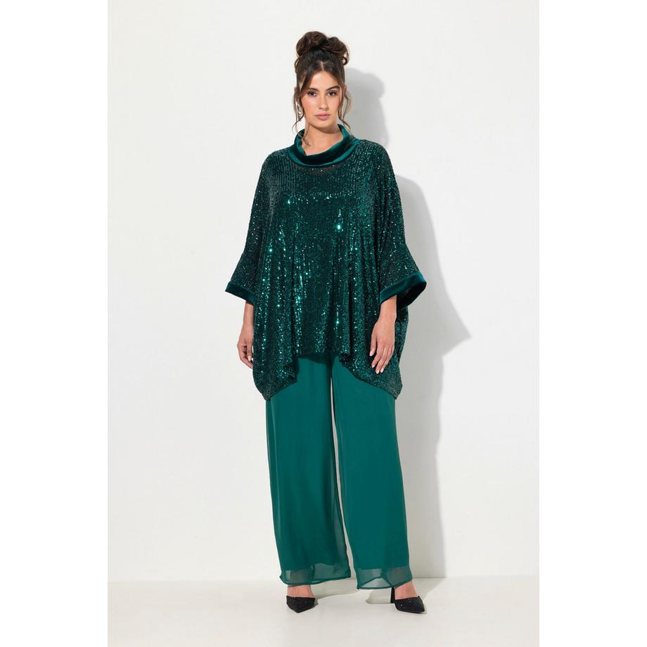 Ulla Popken Maglia Oversized con Paillettes Mezza Manica Collo Alto in Velluto  