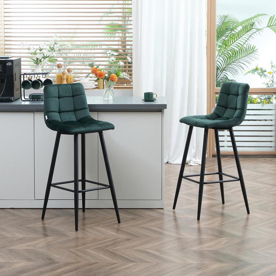 Northio Set di 2 sgabelli da bar da cucina con poggiapiedi antiscivolo, design moderno, gambe in acciaio, rivestimento in velluto, fino a 120 kg, 42 x 47 x 105 cm, verde  