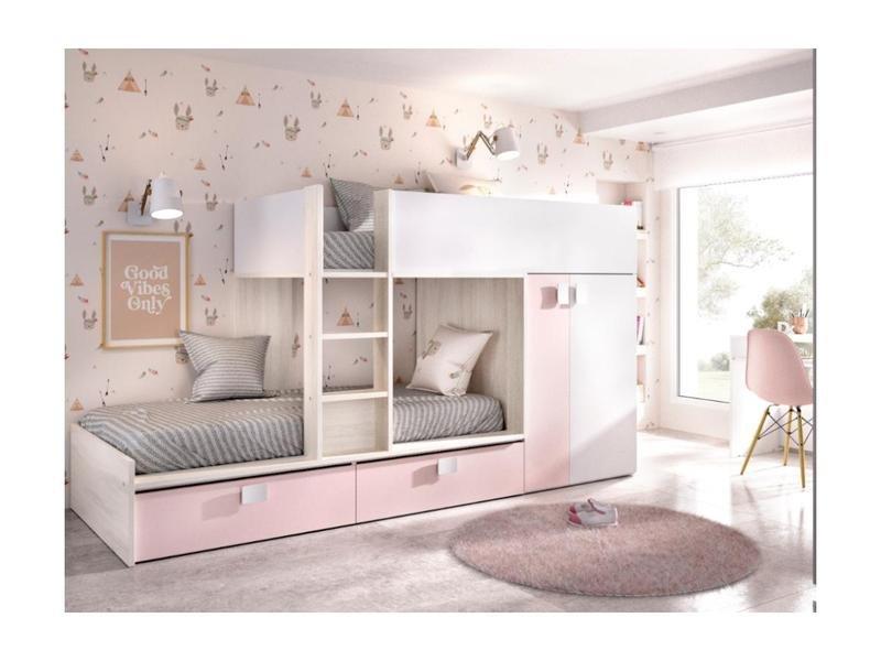 Vente-unique Letto a castello Armadio integrato 2 Bianco Rovere e Rosa + materasso JUANITO  