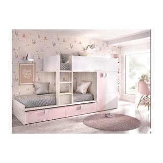 Vente-unique Letto a castello Armadio integrato 2 Bianco Rovere e Rosa + materasso JUANITO  