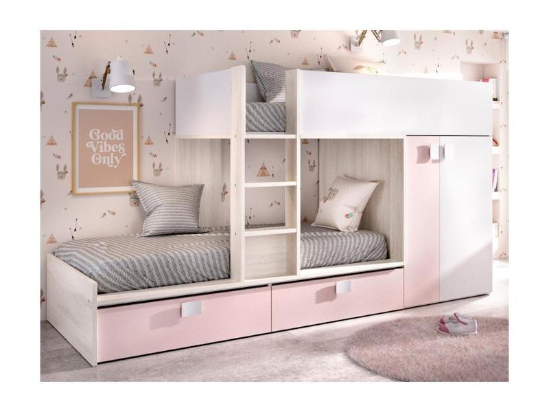 Vente-unique Letto a castello Armadio integrato 2 Bianco Rovere e Rosa + materasso JUANITO  