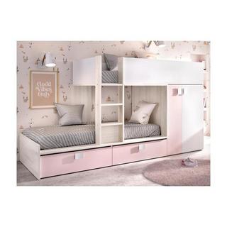 Vente-unique Letto a castello Armadio integrato 2 Bianco Rovere e Rosa + materasso JUANITO  