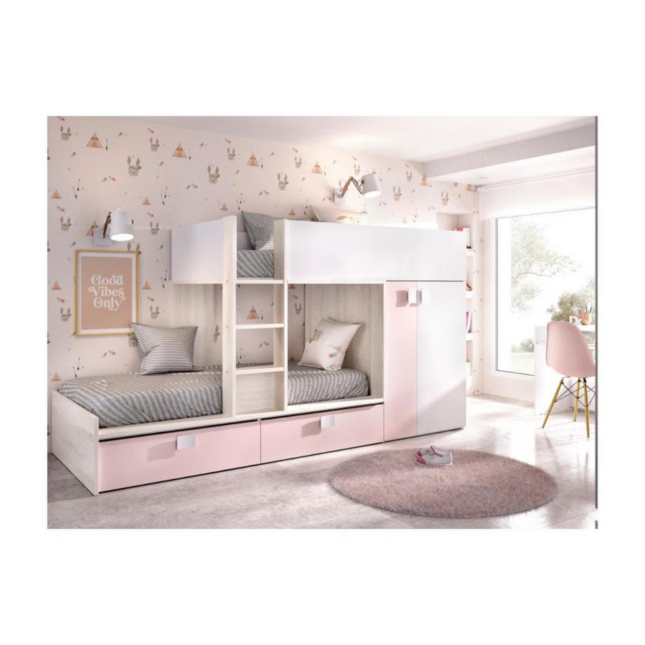 Vente-unique Lits Superposés JUANITO Armoire intégrée2 chêne rose + matelas  