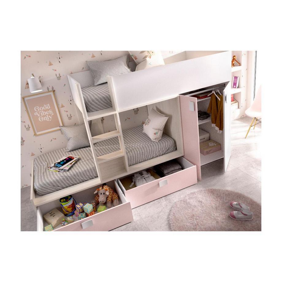 Vente-unique Lits Superposés JUANITO Armoire intégrée2 chêne rose + matelas  