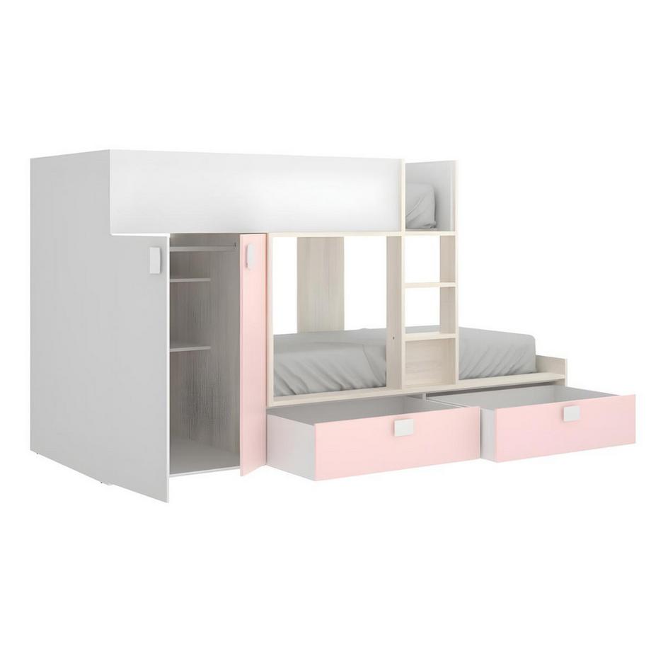 Vente-unique Lits Superposés JUANITO Armoire intégrée2 chêne rose + matelas  