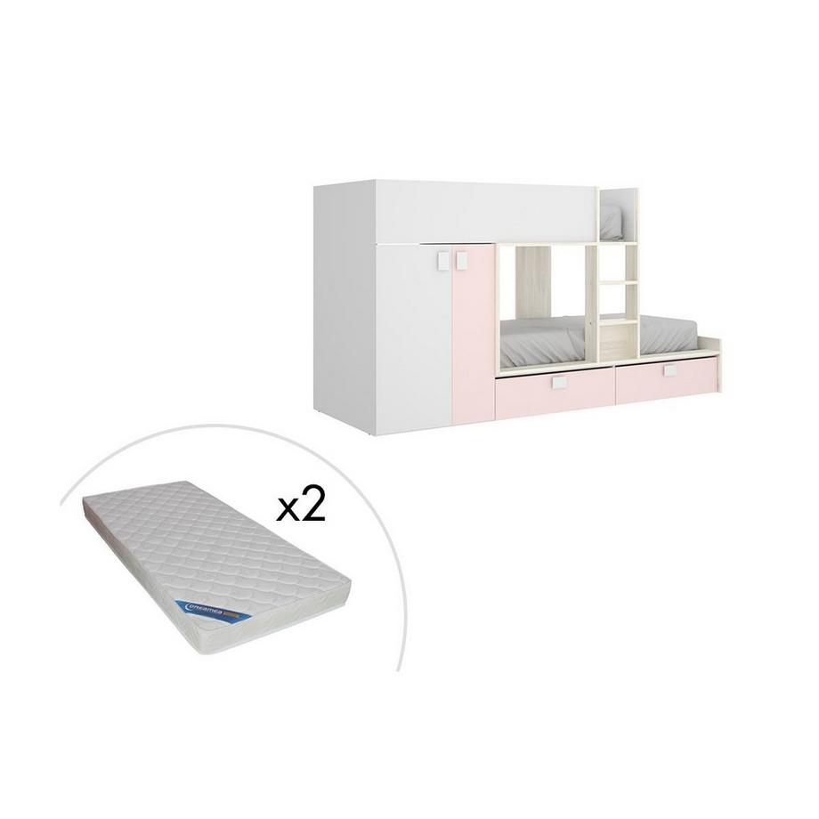 Lits Superposés JUANITO Armoire intégrée2 chêne rose + matelas