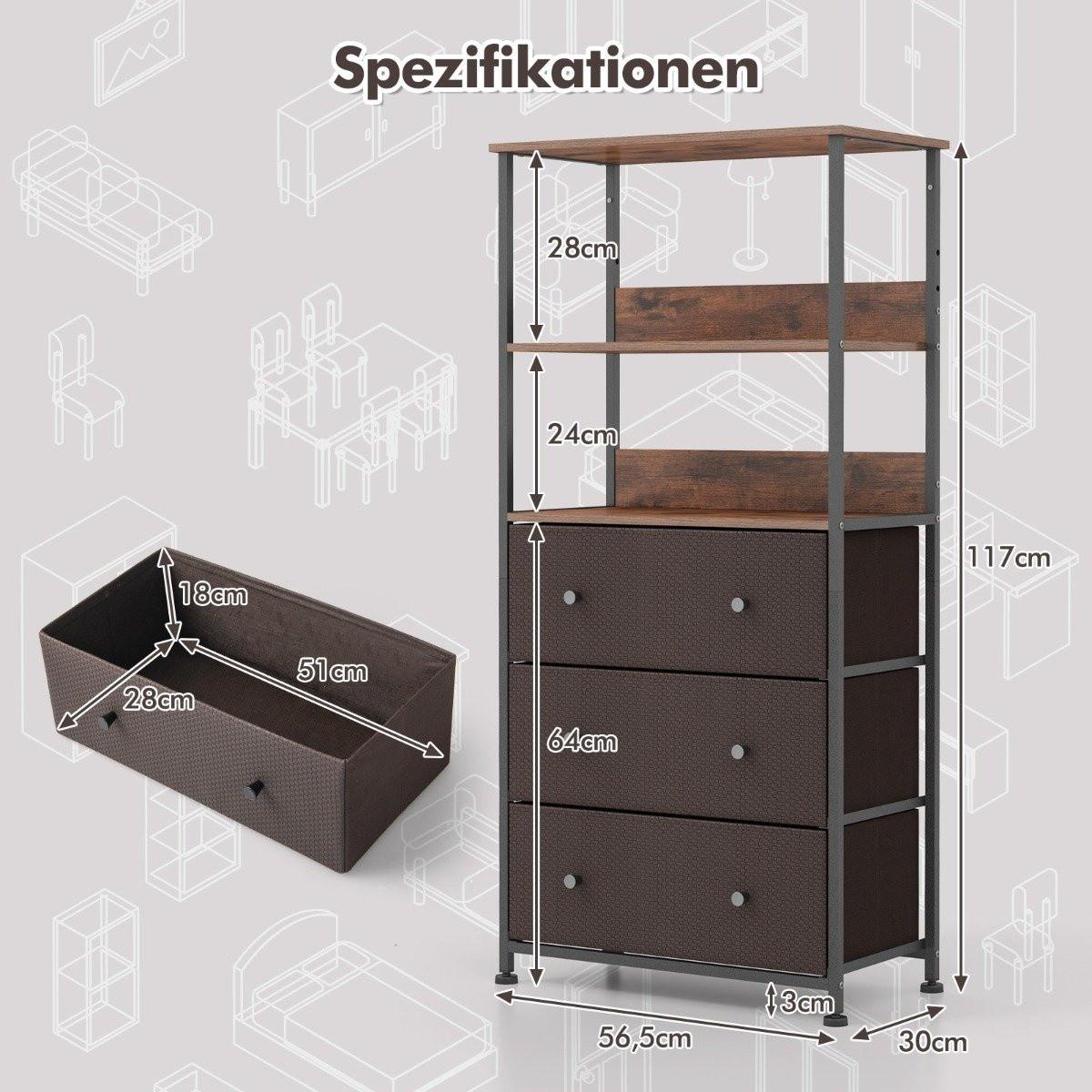B2X Bücherregal mit 3 Schubladen & Offenen Regalen Kommode Schubladenschrank 56,5 x 20 x 117cm  